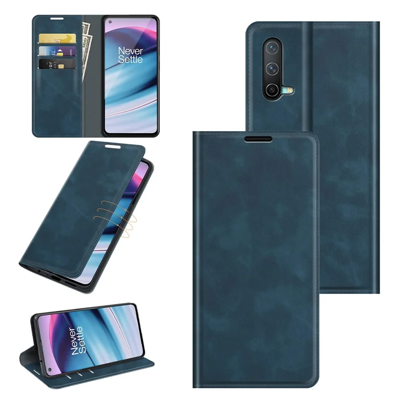Skin-touch Auto-absorbed Wallet Leather Case with Stand for OnePlus Nord CE 5G - Blue