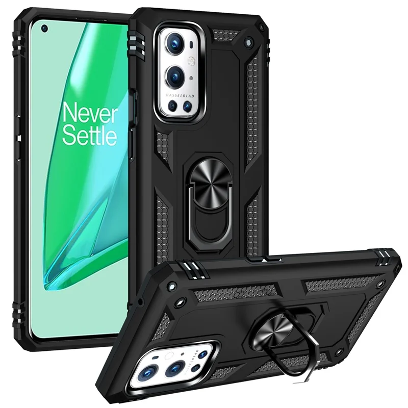 Dual Layer Tank Armor Hybrid Shockproof Soft TPU + Tough PC Back Cover with Kickstand Ring for OnePlus 9 Pro - Black