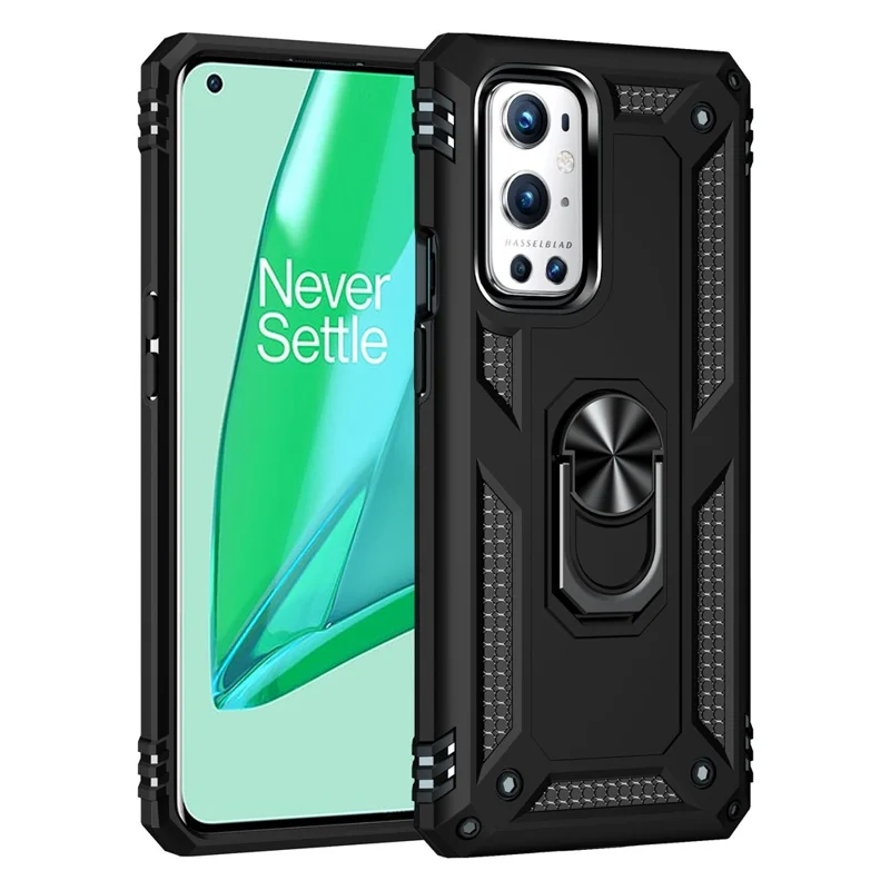 Dual Layer Tank Armor Hybrid Shockproof Soft TPU + Tough PC Back Cover with Kickstand Ring for OnePlus 9 Pro - Black