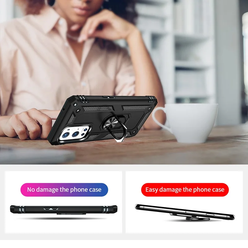 Dual Layer Tank Armor Hybrid Shockproof Soft TPU + Tough PC Back Cover with Kickstand Ring for OnePlus 9 Pro - Black