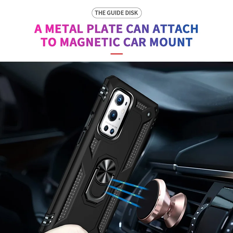Dual Layer Tank Armor Hybrid Shockproof Soft TPU + Tough PC Back Cover with Kickstand Ring for OnePlus 9 Pro - Black