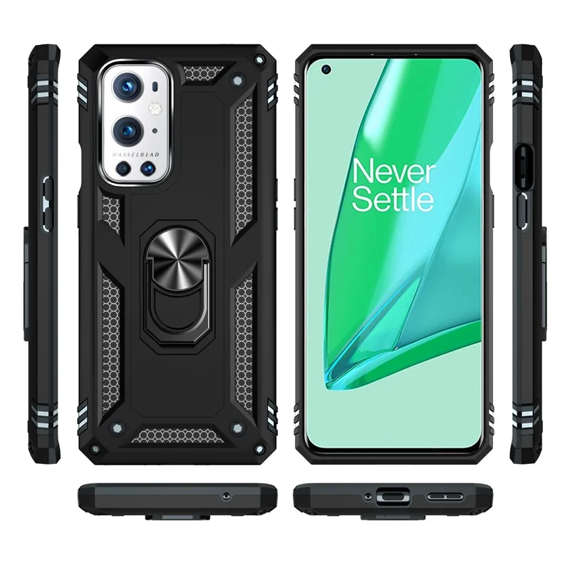 Dual Layer Tank Armor Hybrid Shockproof Soft TPU + Tough PC Back Cover with Kickstand Ring for OnePlus 9 Pro - Black