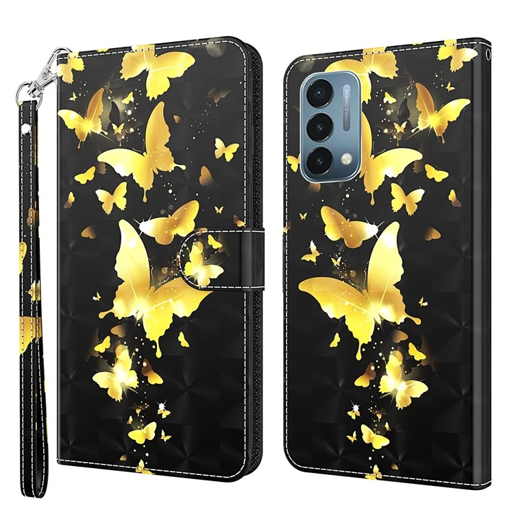 Pattern Printing Wallet Leather Protector Cover for OnePlus Nord N200 5G - Gold Butterfly