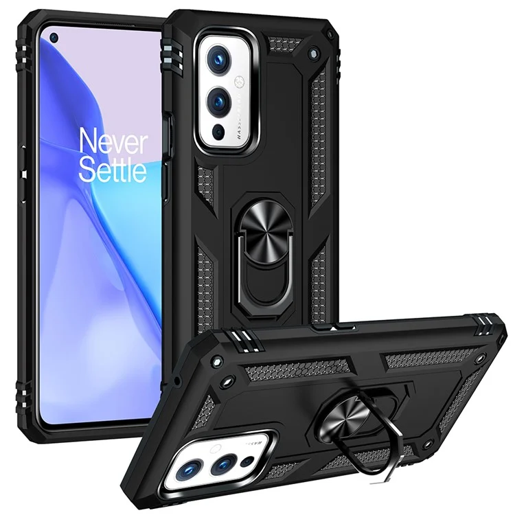 Supporto per auto con anello, supporto per cavalletto, custodia ibrida rigida in PC e morbida in TPU, antiurto e protettiva per OnePlus 9 (versione UE/US) / 9 (versione IN/CN) - Nero