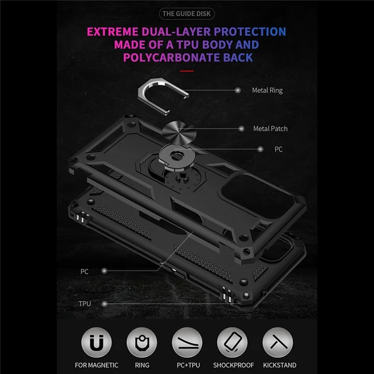 Supporto per auto con anello, supporto per cavalletto, custodia ibrida rigida in PC e morbida in TPU, antiurto e protettiva per OnePlus 9 (versione UE/US) / 9 (versione IN/CN) - Nero