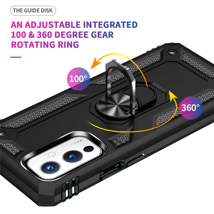 Supporto per auto con anello, supporto per cavalletto, custodia ibrida rigida in PC e morbida in TPU, antiurto e protettiva per OnePlus 9 (versione UE/US) / 9 (versione IN/CN) - Nero