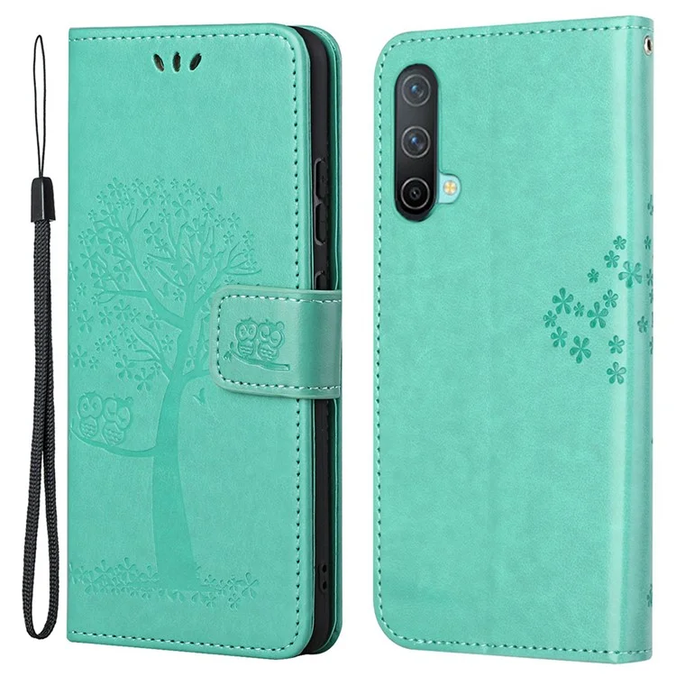 Carteira com Estampa de Coruja e Árvore, Design de Suporte de Couro PU Protetor de Celular para OnePlus Nord CE 5G - Ciano
