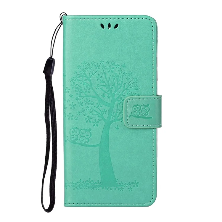 Carteira com Estampa de Coruja e Árvore, Design de Suporte de Couro PU Protetor de Celular para OnePlus Nord CE 5G - Ciano