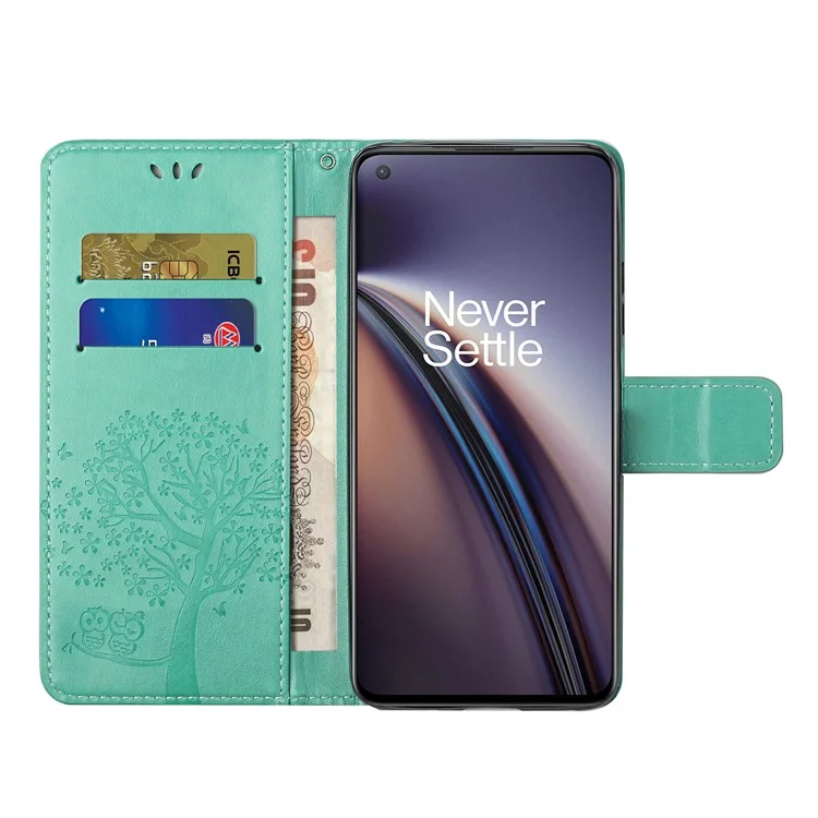 Carteira com Estampa de Coruja e Árvore, Design de Suporte de Couro PU Protetor de Celular para OnePlus Nord CE 5G - Ciano