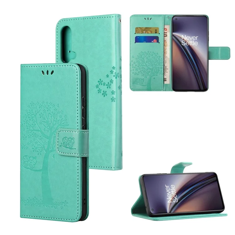 Carteira com Estampa de Coruja e Árvore, Design de Suporte de Couro PU Protetor de Celular para OnePlus Nord CE 5G - Ciano