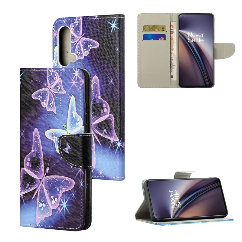 Cross Texture Pattern Printing Wallet Stand PU Leather Phone Case Cover for OnePlus Nord CE 5G - Beautiful Butterfly
