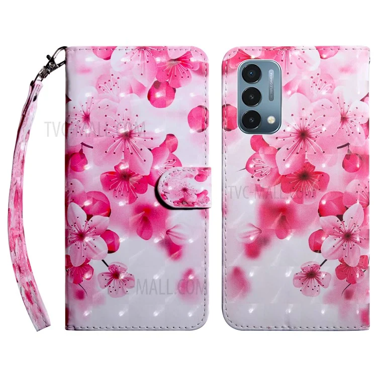 3D-художественный узор PU Leather Folio Flip Wallet Case Stand Shockproof Magnetic Cover with Strap for OnePlus Nord N200 5G - Персиковый цвет