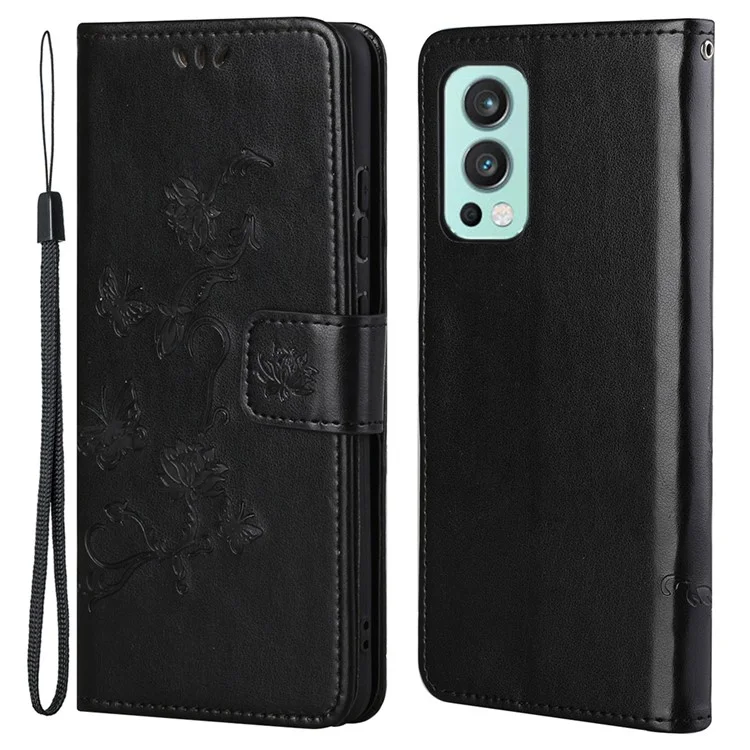 Flower Butterfly Imprint Leather Wallet Stand Phone Cover with Lanyard for OnePlus Nord 2 5G - Black