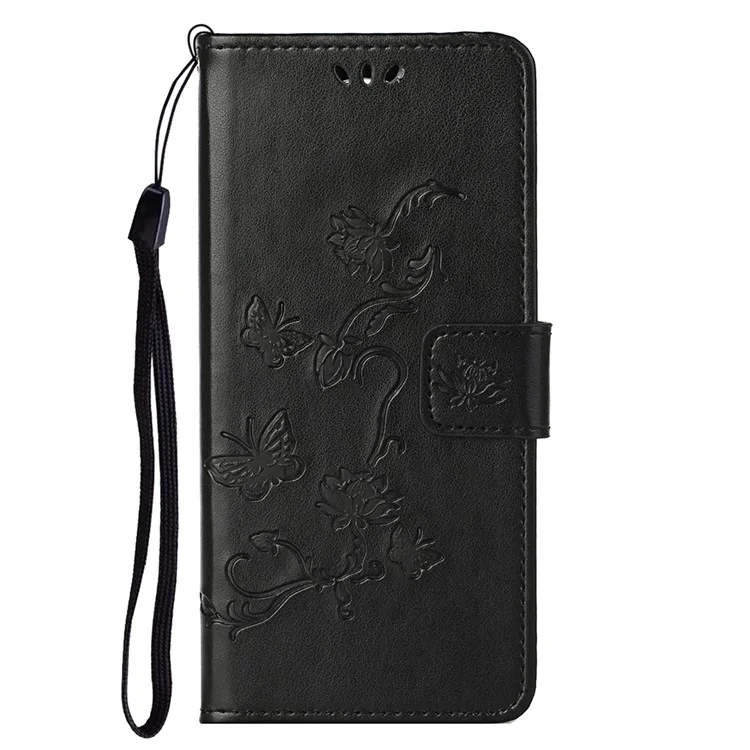 Flower Butterfly Imprint Leather Wallet Stand Phone Cover with Lanyard for OnePlus Nord 2 5G - Black