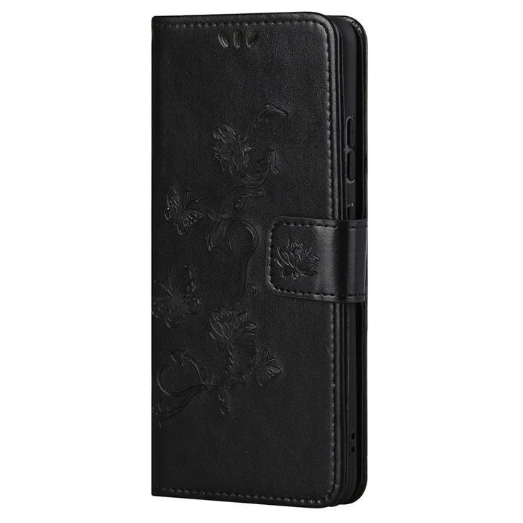 Flower Butterfly Imprint Leather Wallet Stand Phone Cover with Lanyard for OnePlus Nord 2 5G - Black