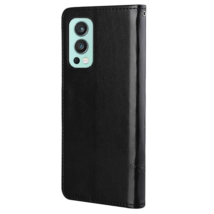 Flower Butterfly Imprint Leather Wallet Stand Phone Cover with Lanyard for OnePlus Nord 2 5G - Black