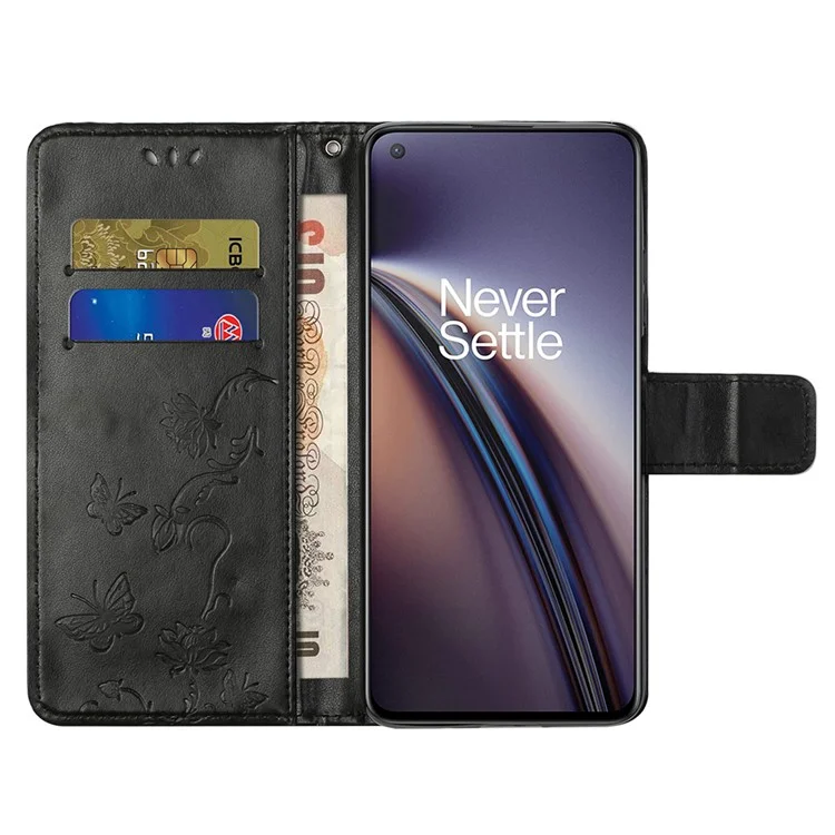 Flower Butterfly Imprint Leather Wallet Stand Phone Cover with Lanyard for OnePlus Nord 2 5G - Black