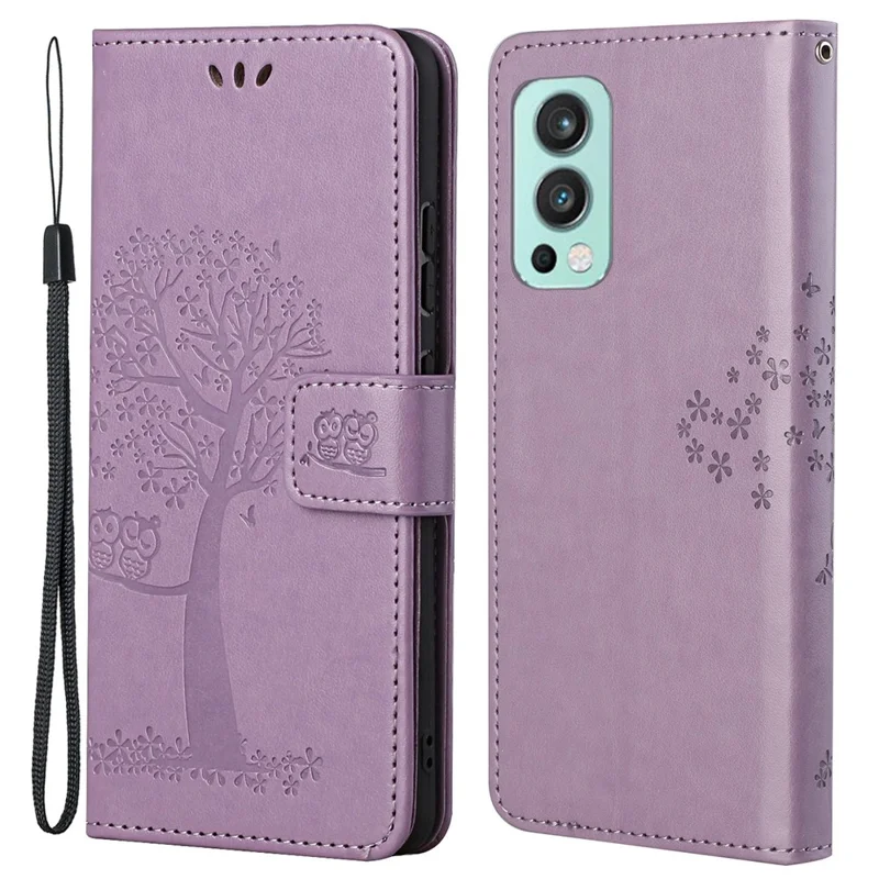 Wallet Stand PU Leather Cover Case with Owl Tree Pattern Imprinted for OnePlus Nord 2 5G - Light Purple