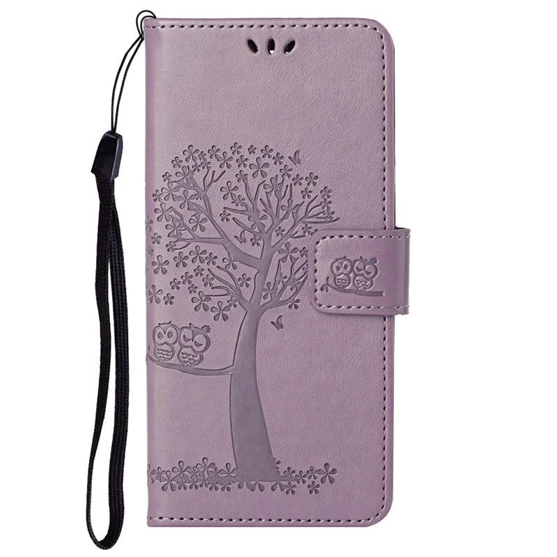 Wallet Stand PU Leather Cover Case with Owl Tree Pattern Imprinted for OnePlus Nord 2 5G - Light Purple