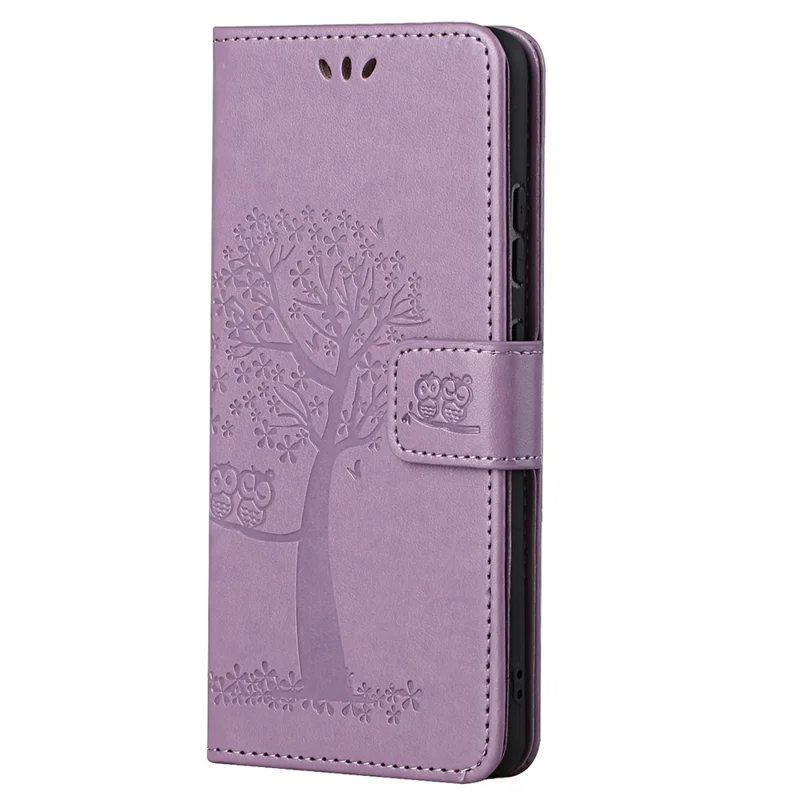 Wallet Stand PU Leather Cover Case with Owl Tree Pattern Imprinted for OnePlus Nord 2 5G - Light Purple