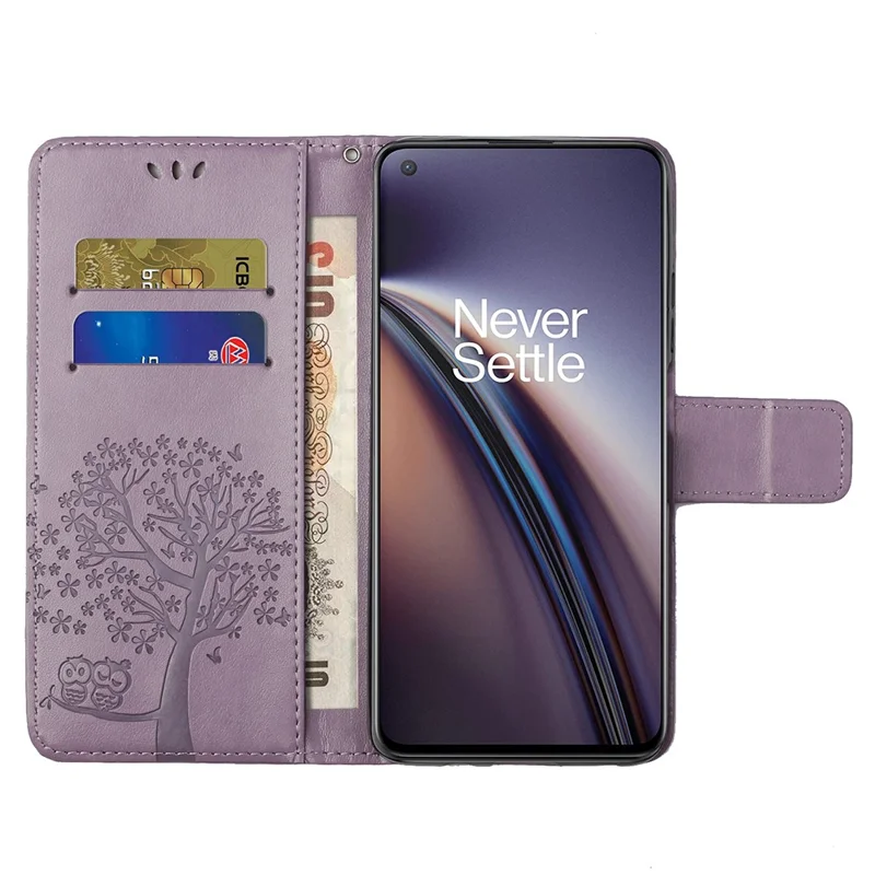 Wallet Stand PU Leather Cover Case with Owl Tree Pattern Imprinted for OnePlus Nord 2 5G - Light Purple