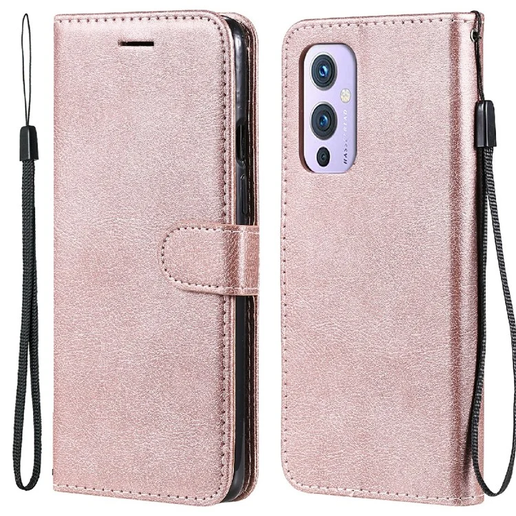 KT Leather Series-2 Solid ColorLeather Stand Stand Phone Shell Com Cinta Para o OnePlus 9 (ue / Versão Dos Eua) - Rosa Ouro