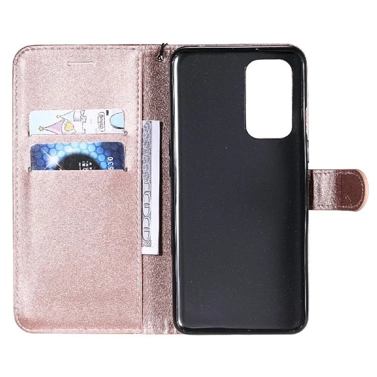 KT in Pelle Series-2 Solido Portafoglio Colorleat Portafoglio Custodia Per Telefono Con Cinturino Per OnePlus 9 (ue / Versione Americana) - Oro Rosa