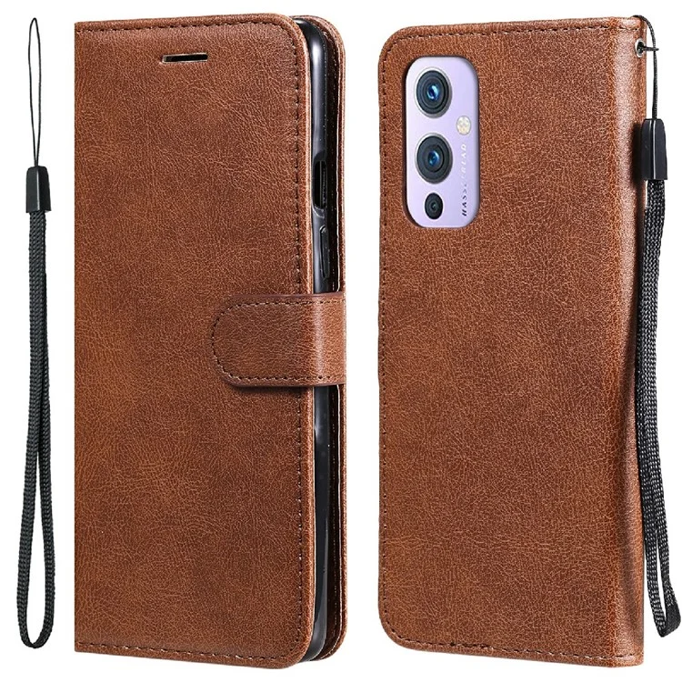 KT in Pelle Series-2 Solido Portafoglio Colorleat Portafoglio Custodia Per Telefono Con Cinturino Per OnePlus 9 (ue / Versione Americana) - Marrone