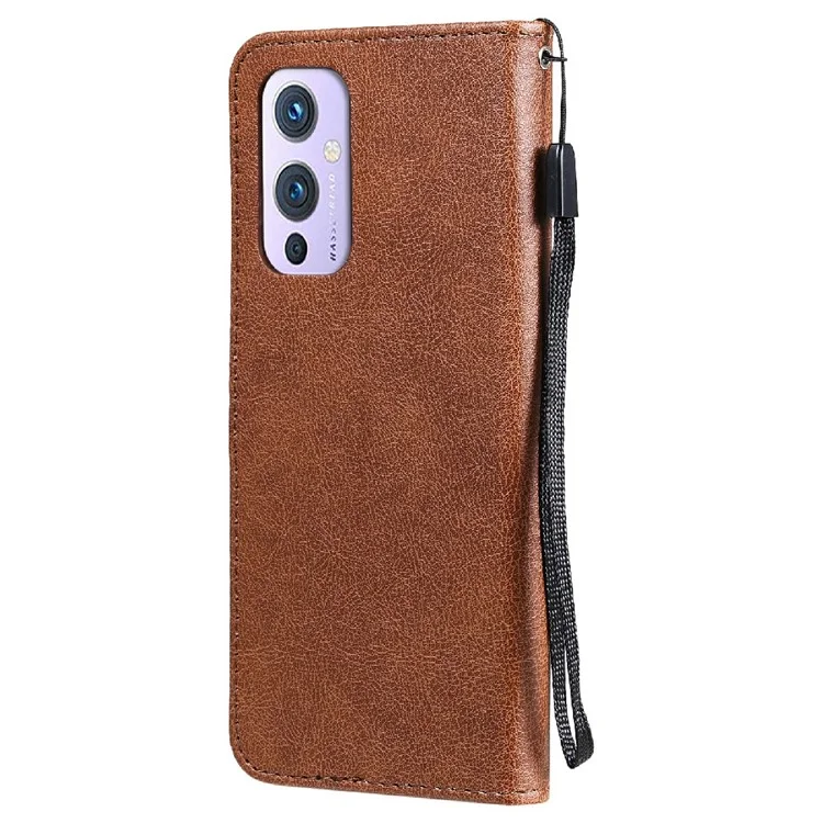 KT in Pelle Series-2 Solido Portafoglio Colorleat Portafoglio Custodia Per Telefono Con Cinturino Per OnePlus 9 (ue / Versione Americana) - Marrone