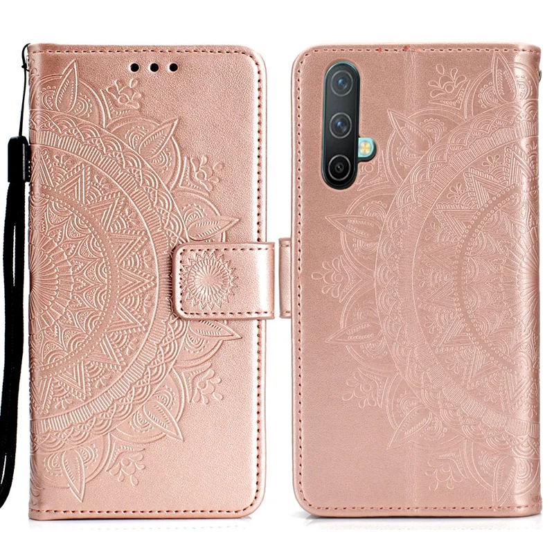 Imprinted Mandala Pattern PU Leather Wallet Stand Case with Strap for OnePlus Nord CE 5G - Rose Gold