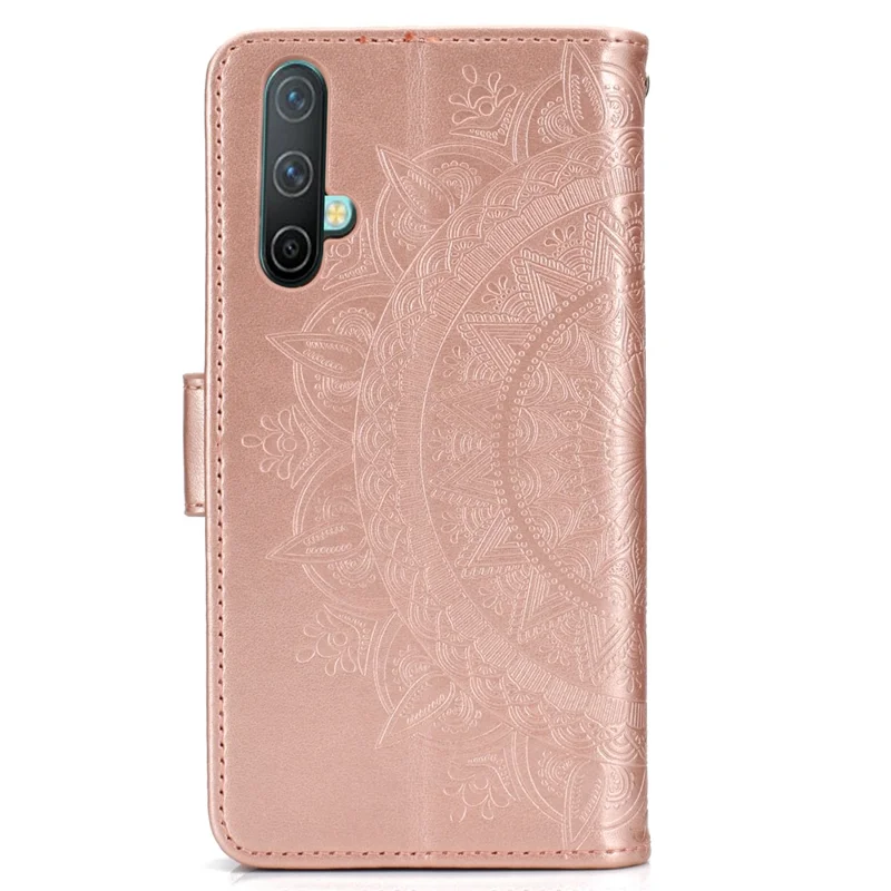 Imprinted Mandala Pattern PU Leather Wallet Stand Case with Strap for OnePlus Nord CE 5G - Rose Gold