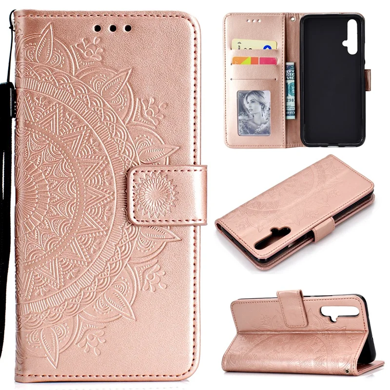 Imprinted Mandala Pattern PU Leather Wallet Stand Case with Strap for OnePlus Nord CE 5G - Rose Gold