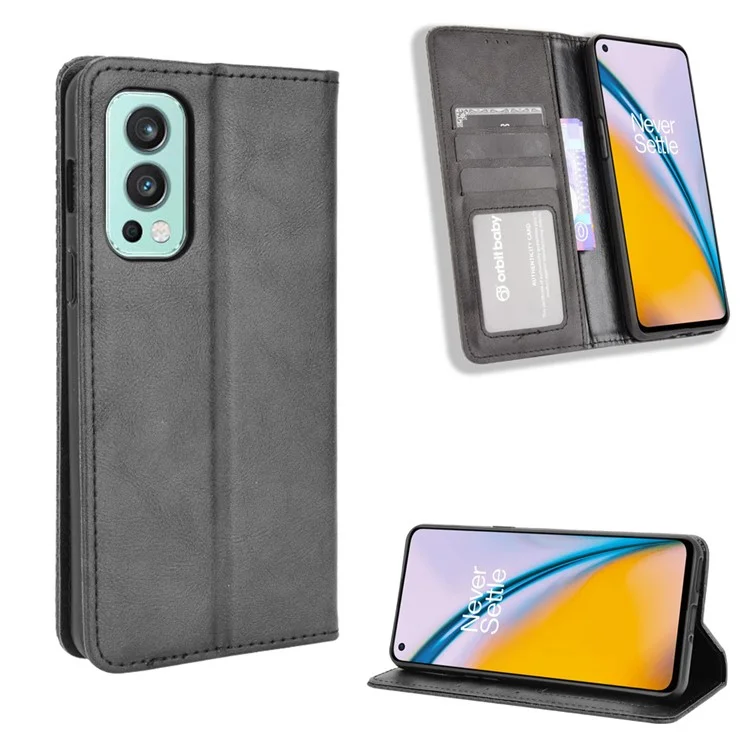 Retro Style PU Leather Flip Magnetic Stand Flip Protective Cover for OnePlus Nord 2 5G - Black