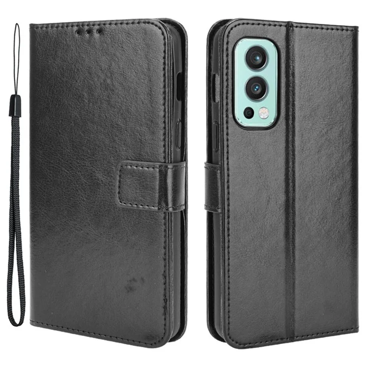 Fashionable Crazy Horse Leather Wallet Stand Shell with Strap for OnePlus Nord 2 5G - Black