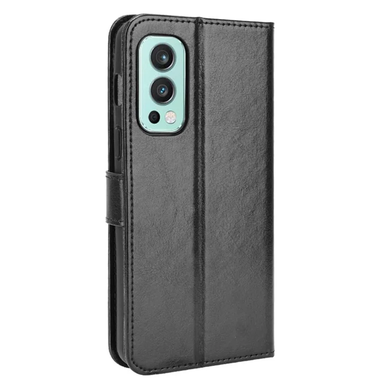 Fashionable Crazy Horse Leather Wallet Stand Shell with Strap for OnePlus Nord 2 5G - Black