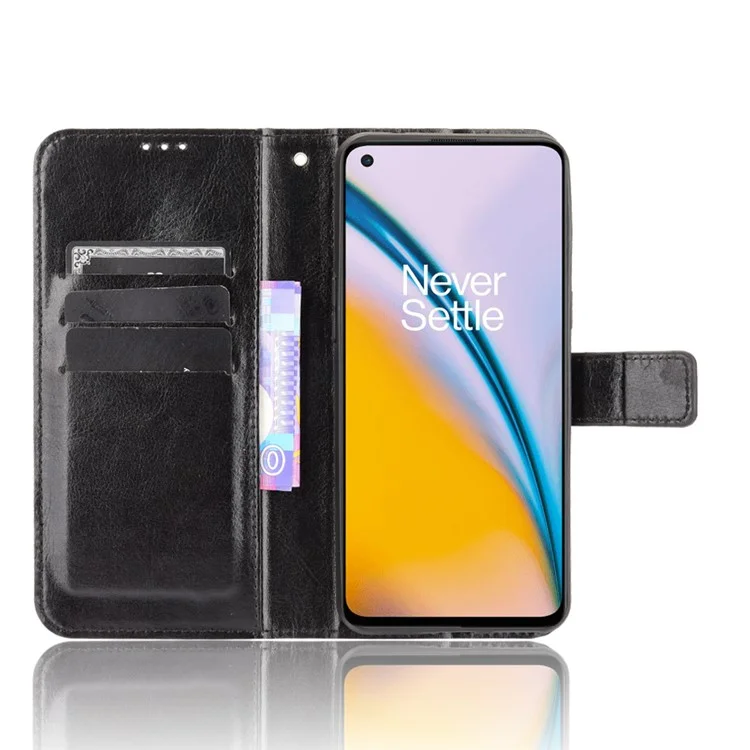 Fashionable Crazy Horse Leather Wallet Stand Shell with Strap for OnePlus Nord 2 5G - Black