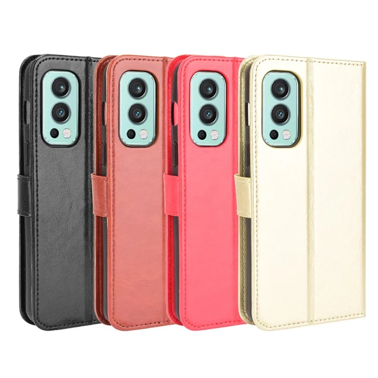Fashionable Crazy Horse Leather Wallet Stand Shell with Strap for OnePlus Nord 2 5G - Black