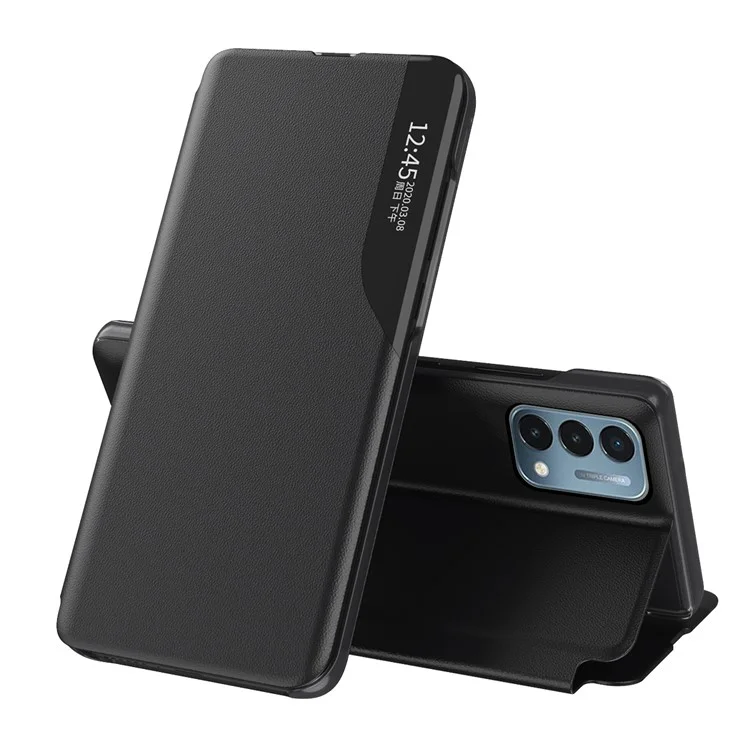 Vista de Ventana Diseño de Soporte PU Capacidad de Portada de Teléfono de Cuero Para OnePlus Nord N200 5G - Negro