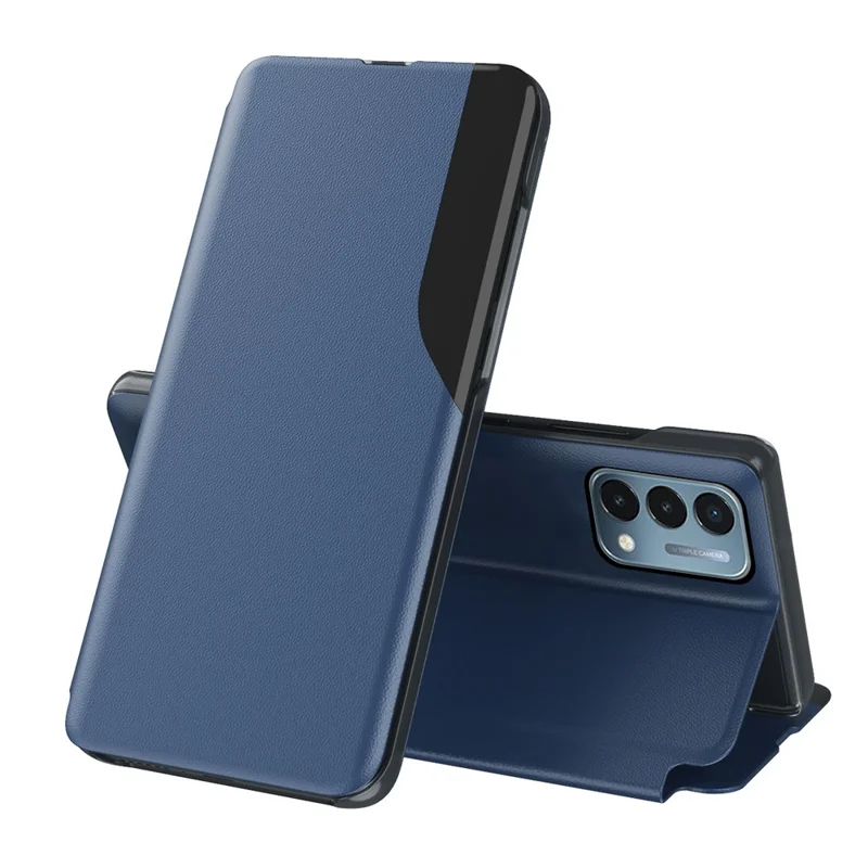 Vista de Ventana Diseño de Soporte PU Capacidad de Portada de Teléfono de Cuero Para OnePlus Nord N200 5G - Azul