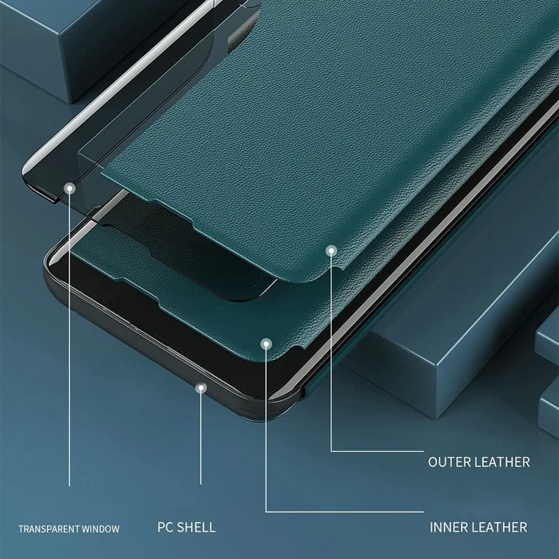 Vista de Ventana Diseño de Soporte PU Capacidad de Portada de Teléfono de Cuero Para OnePlus Nord N200 5G - Azul