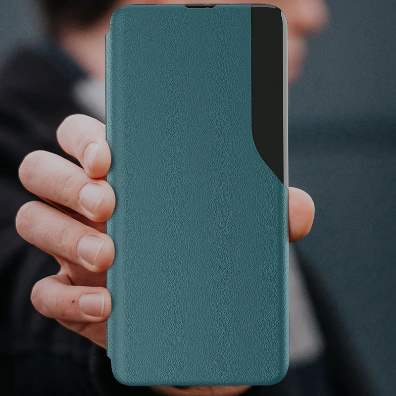 Vista de Ventana Diseño de Soporte PU Capacidad de Portada de Teléfono de Cuero Para OnePlus Nord N200 5G - Azul