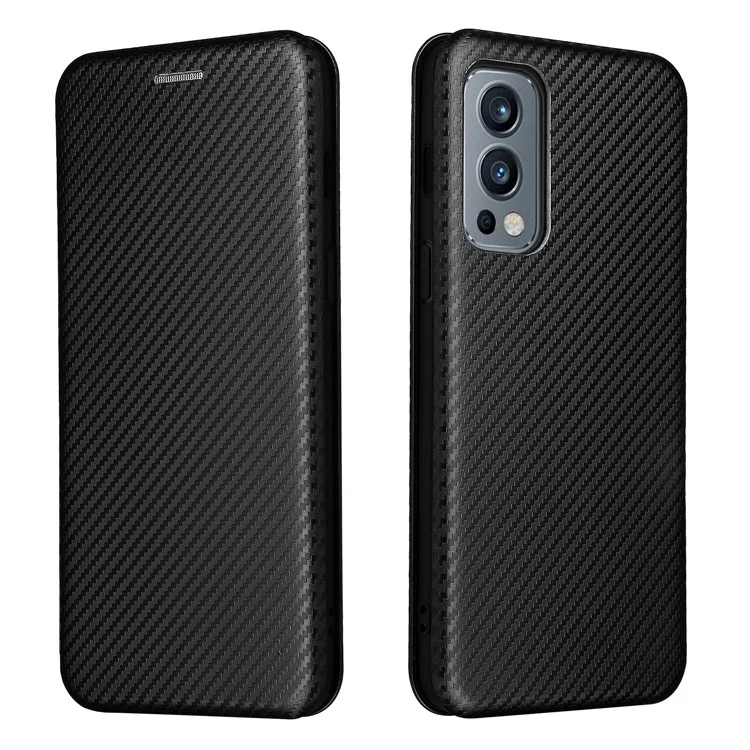 Carbon Fiber Texture Card Slot Design Magnetic Auto-absorbed Leather Shell Phone Case for OnePlus Nord 2 5G - Black