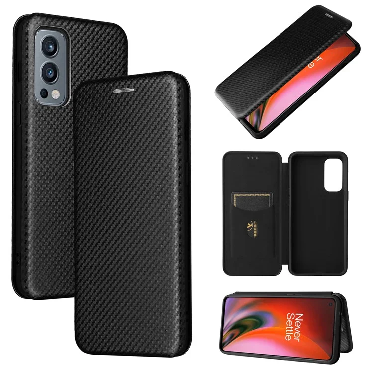 Carbon Fiber Texture Card Slot Design Magnetic Auto-absorbed Leather Shell Phone Case for OnePlus Nord 2 5G - Black