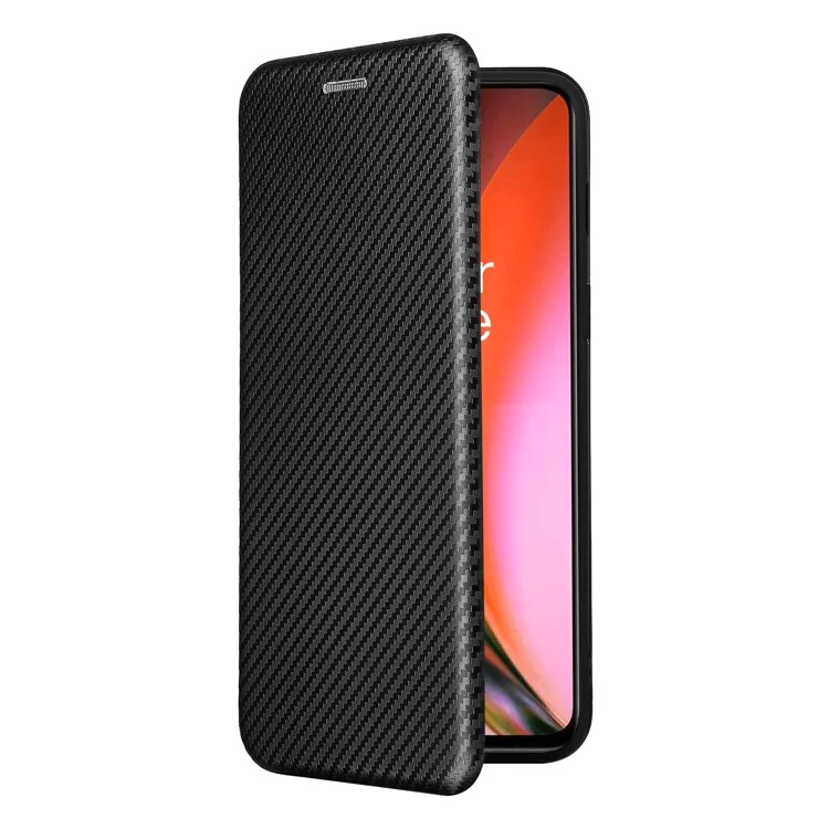 Custodia in pelle magnetica assorbita automaticamente con tessuto in fibra di carbonio e slot per schede per OnePlus Nord 2 5G - Nero