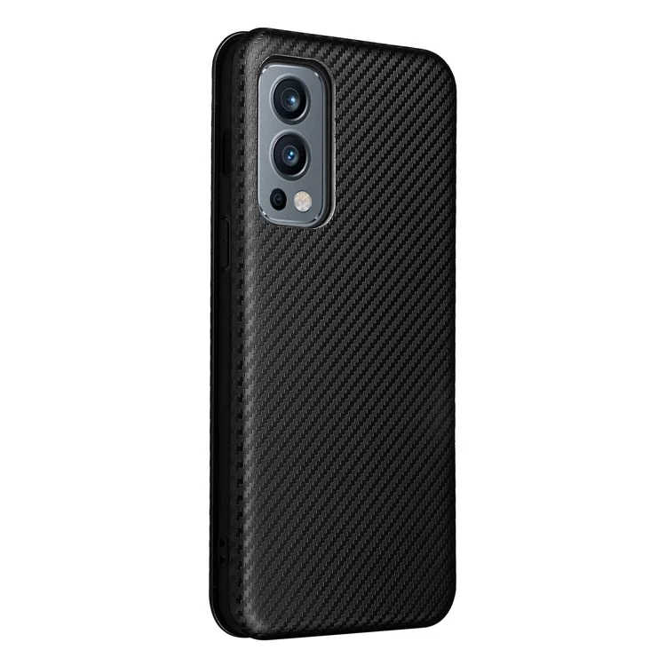 Carbon Fiber Texture Card Slot Design Magnetic Auto-absorbed Leather Shell Phone Case for OnePlus Nord 2 5G - Black