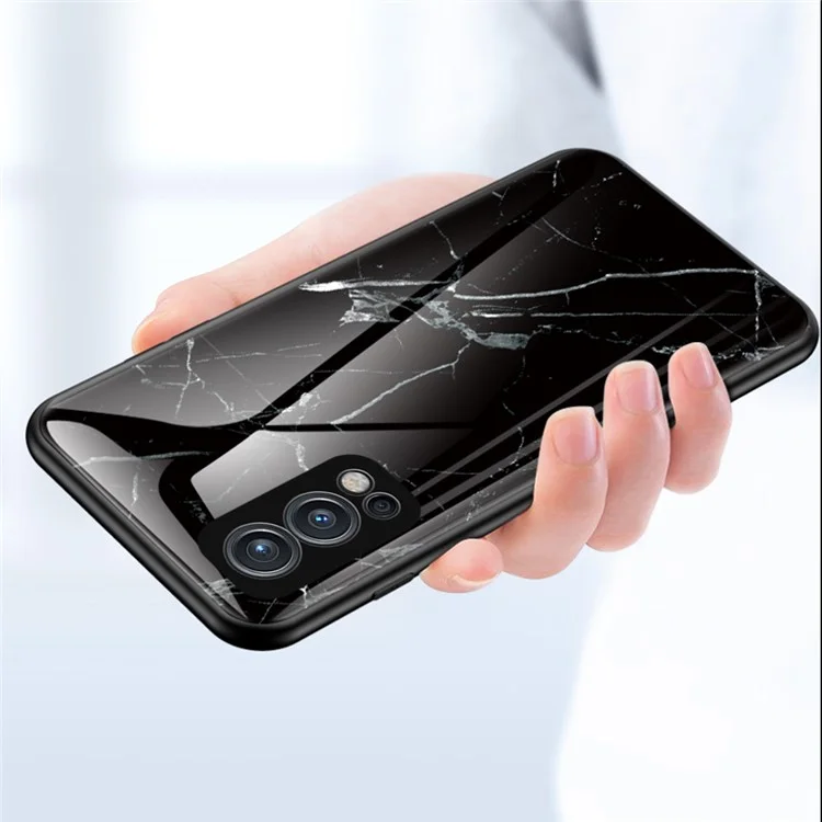 Marble Design Ultra Slim Thin Stylish Tempered Glass Protective Phone Case Cover for OnePlus OnePlus Nord 2 5G - Black Marble