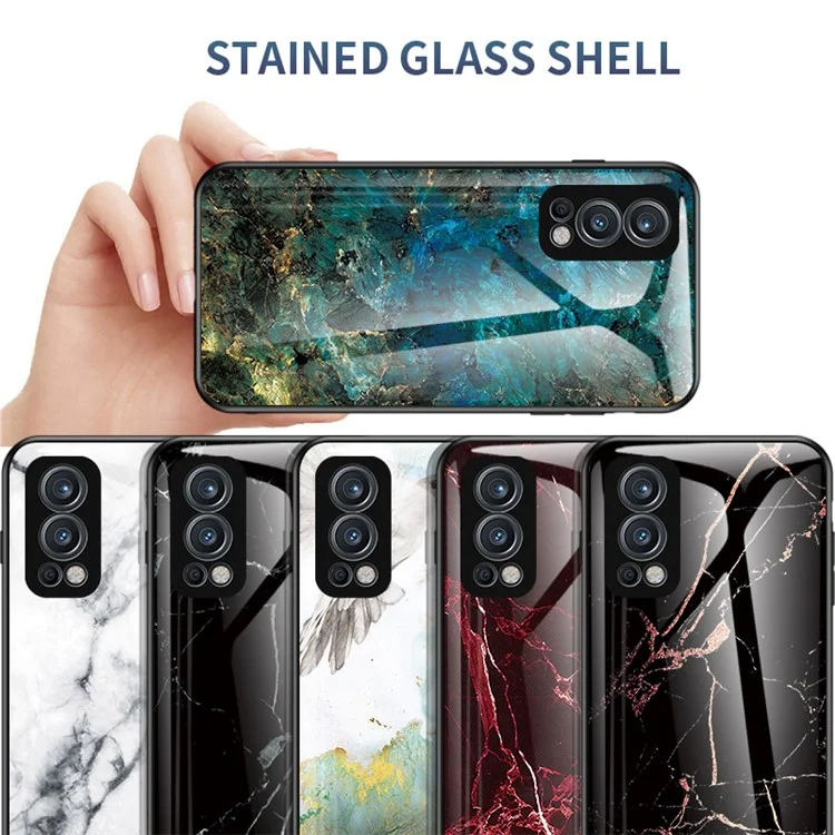 Marble Design Ultra Slim Thin Stylish Tempered Glass Protective Phone Case Cover for OnePlus OnePlus Nord 2 5G - Black Marble