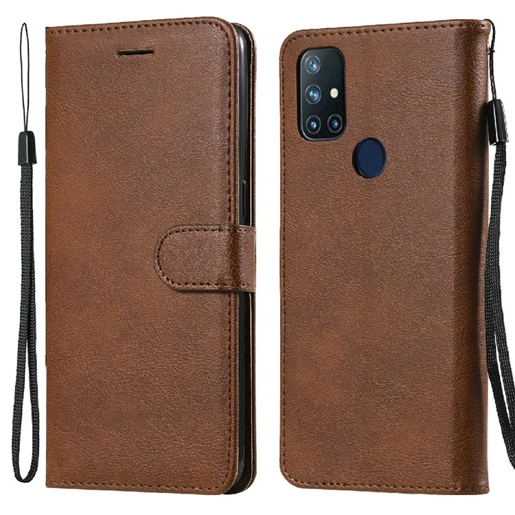 For OnePlus Nord N10 5G Case Solid Color Leather Mobile Cover Wallet Stand with Strap - Brown