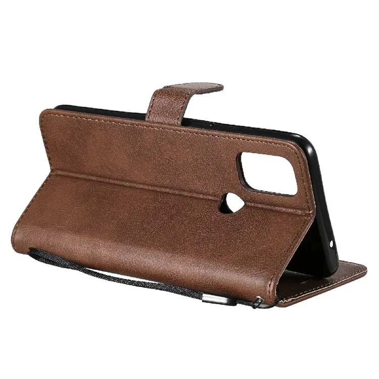 For OnePlus Nord N10 5G Case Solid Color Leather Mobile Cover Wallet Stand with Strap - Brown