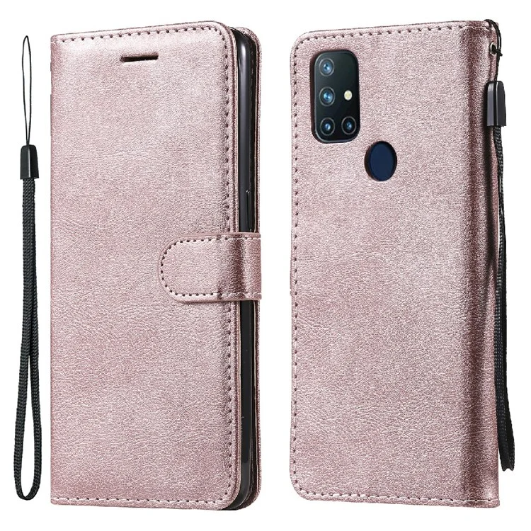 KT Leather Series-2 Color Solid PU PU Cautleta Stand Stand Com Strap Para OnePlus Nord N10 5G - Rosa Ouro